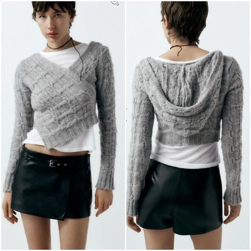 Zara Asymmetrical Hooded Cropped Knit Sweater sz XS